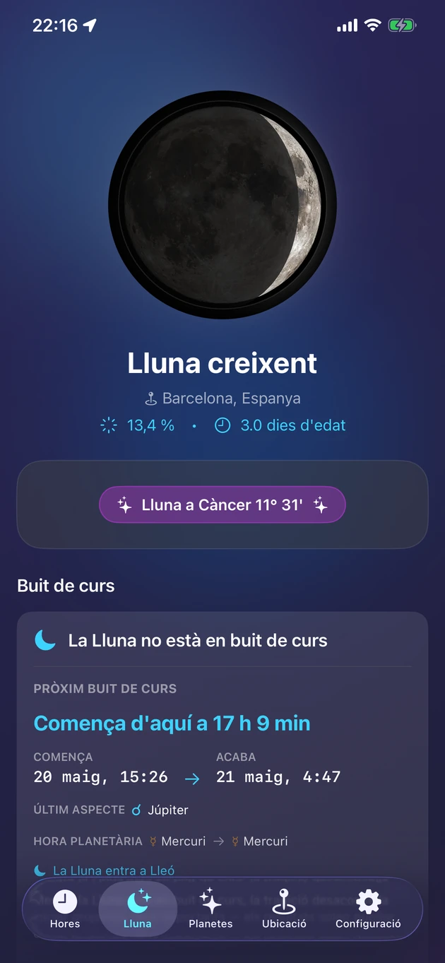 Fase, signe, il·luminació i buit de curs d'un cop d'ull.