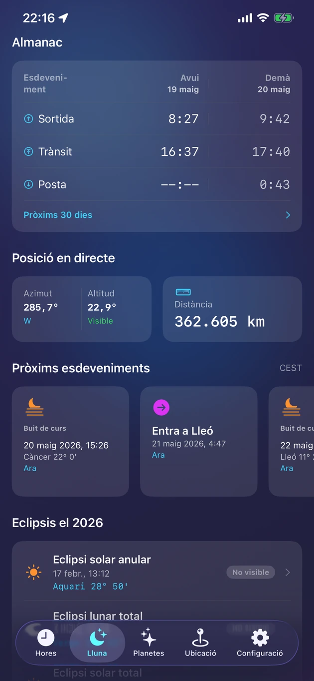 Sortida, trànsit i posta, posició en directe i els eclipsis de l'any.