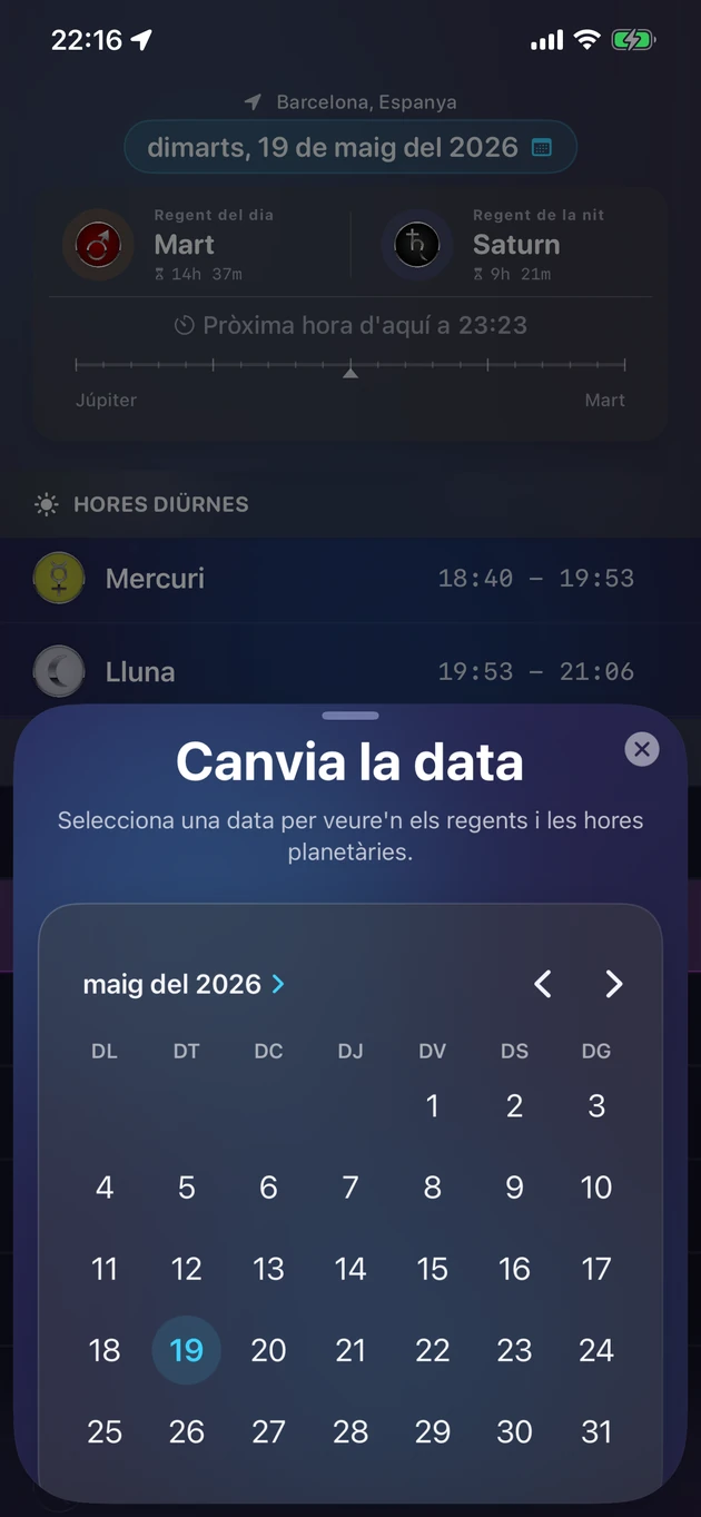 Tria una data i veu-ne els regents i les hores planetàries.