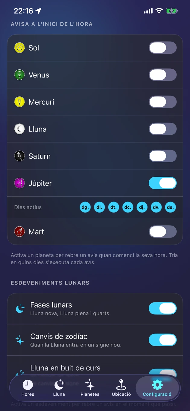 Un avís suau just quan comença l'hora del planeta que tries.