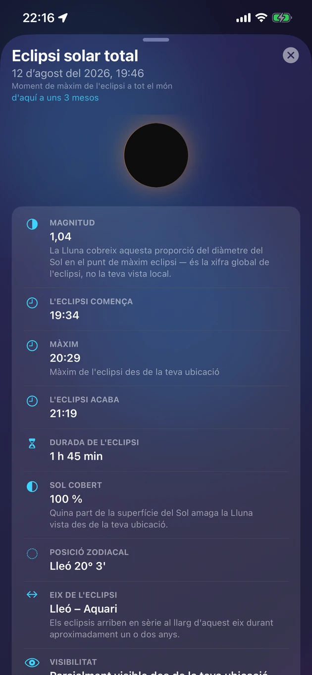 Magnitud, moment, visibilitat i significat de cada eclipsi.