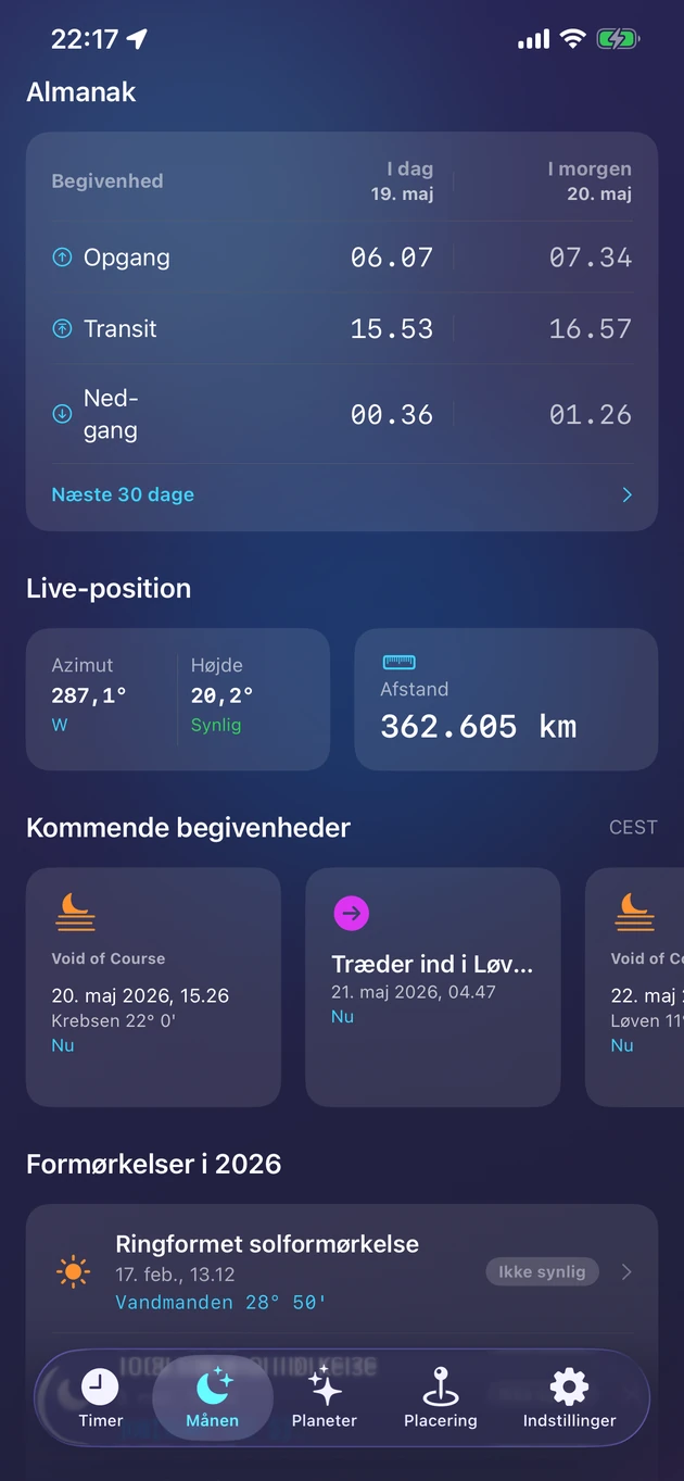Op- og nedgang, transit, live position og årets formørkelser.