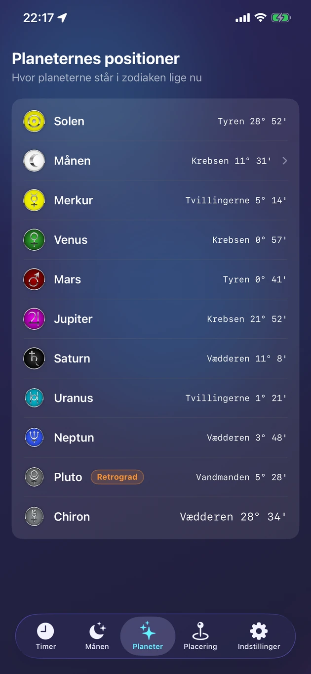 Live zodiak-positioner for Sol, Måne, planeter og Chiron.