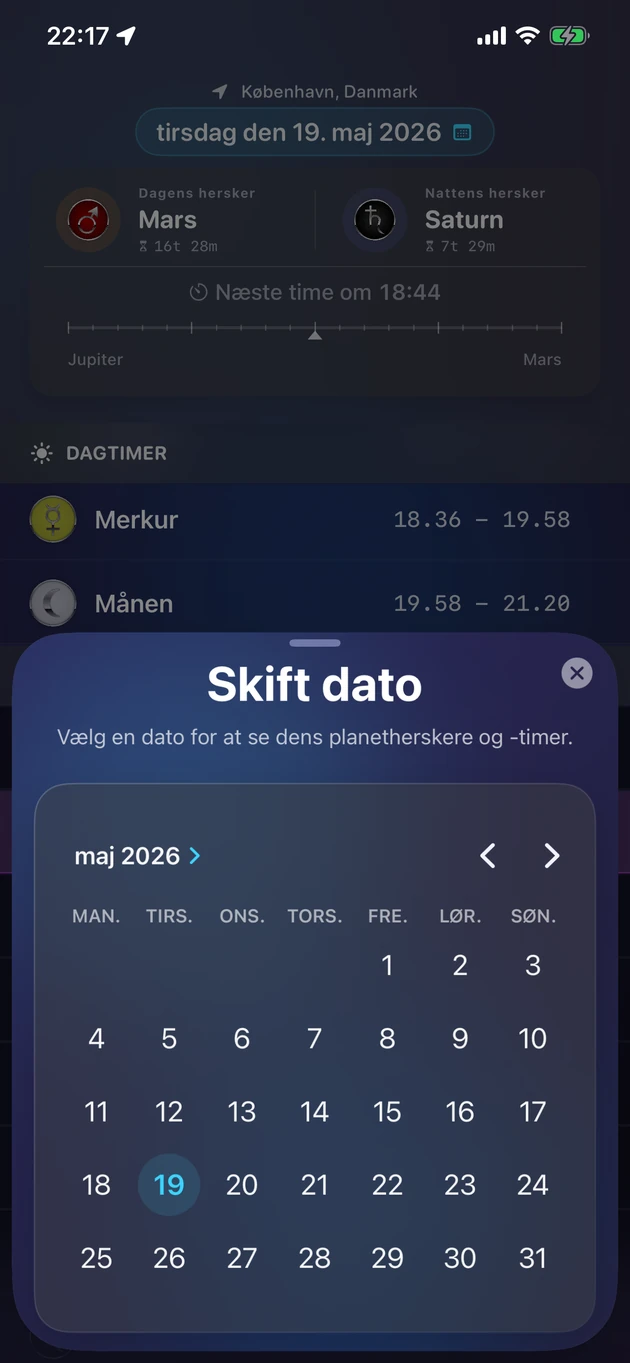 Vælg en dato og se dens planetherskere og timer.