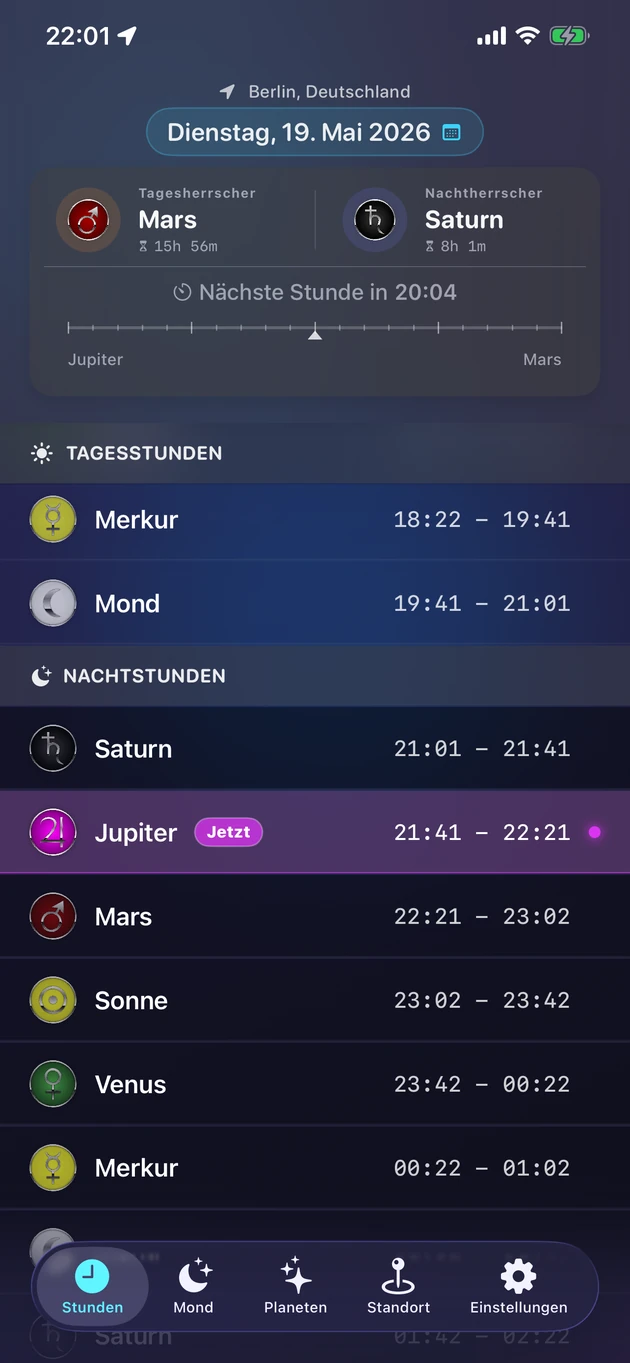 Jede Planetenstunde und ihr Herrscherplanet — für jede Stadt.