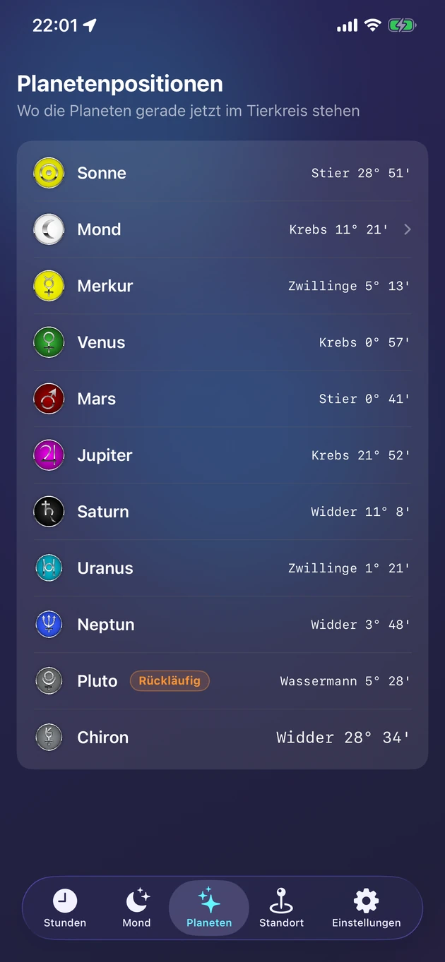 Live-Tierkreispositionen für Sonne, Mond, Planeten und Chiron.