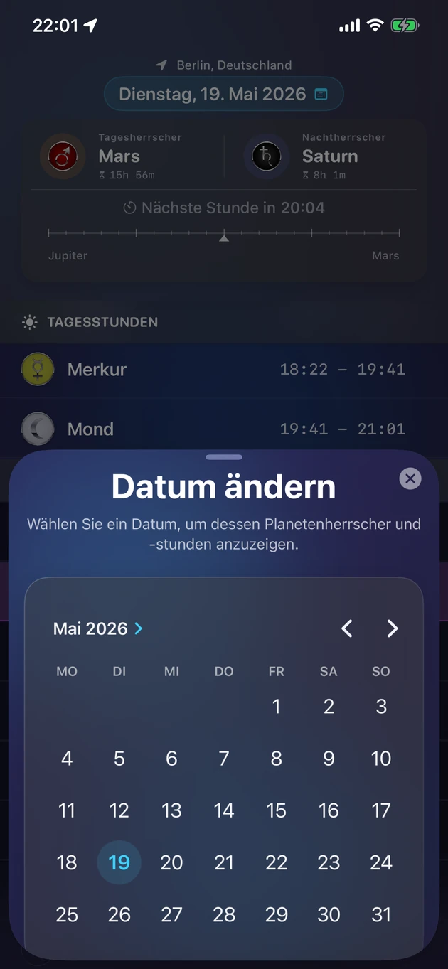 Wähle ein Datum und sieh seine Planetenherrscher und -stunden.