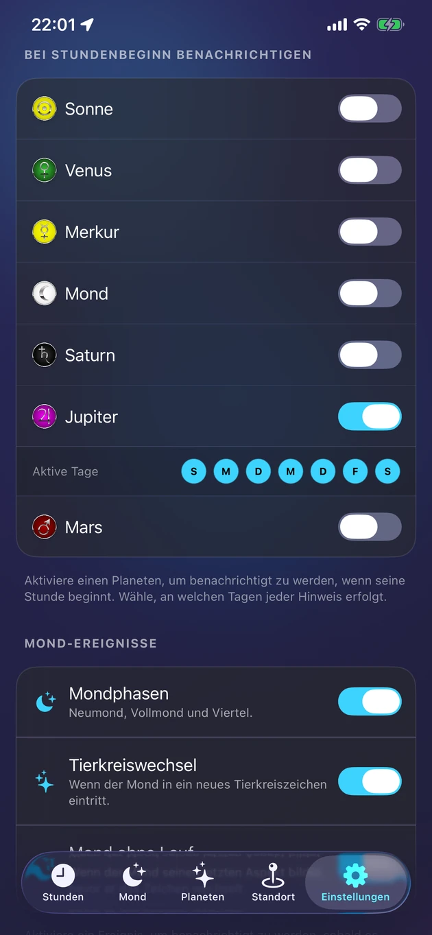 Eine sanfte Erinnerung, sobald die Stunde deines Planeten beginnt.