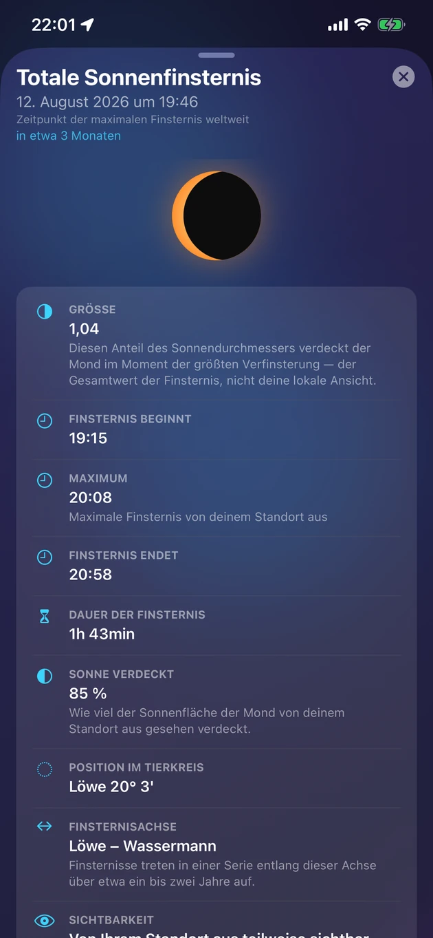 Größe, Zeitpunkt, Sichtbarkeit und Bedeutung jeder Finsternis.