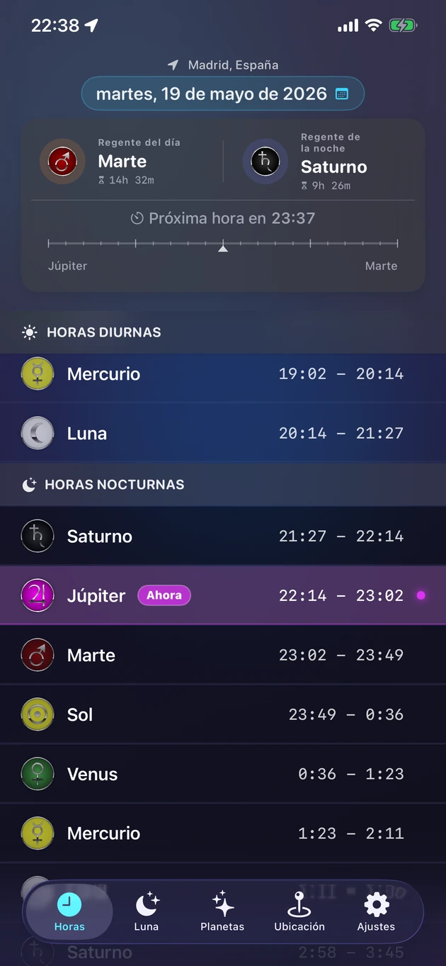 Cada hora planetaria y su planeta regente, para cualquier ciudad.