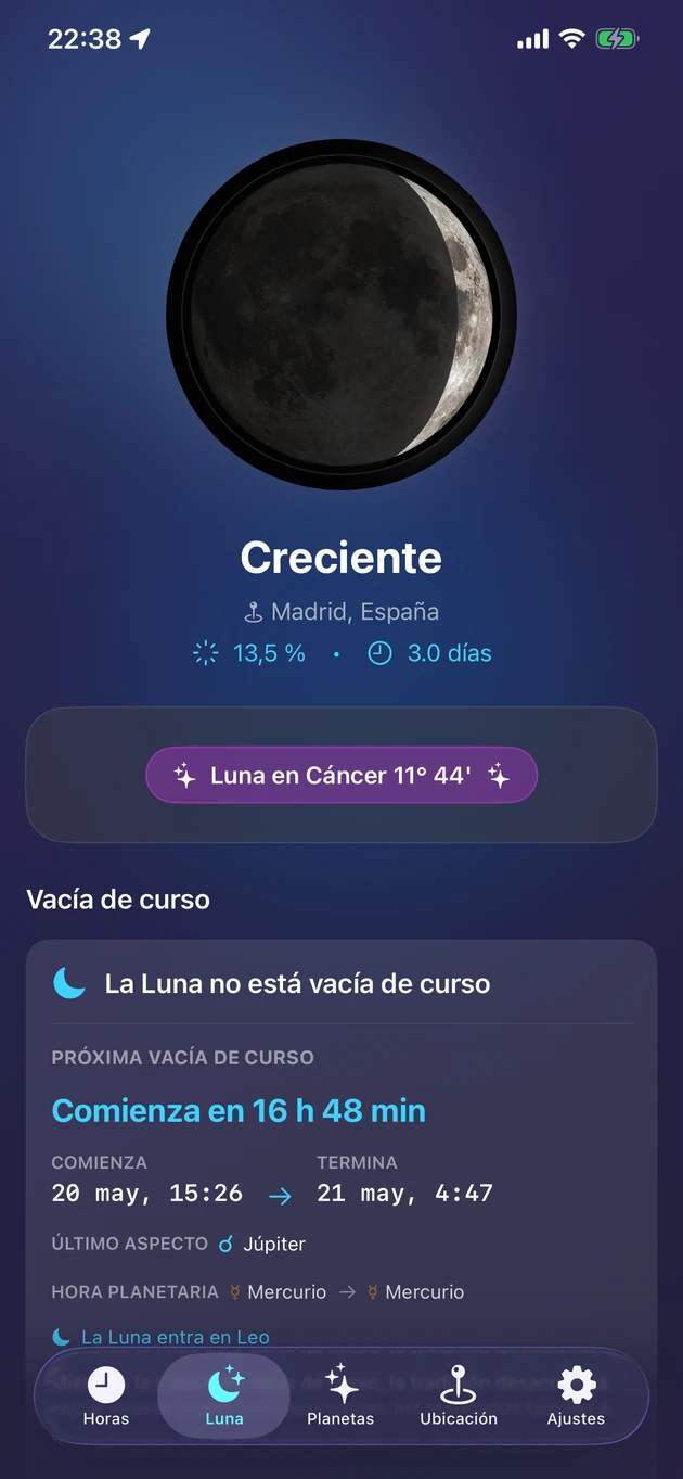 Fase, signo, iluminación y vacía de curso de un vistazo.