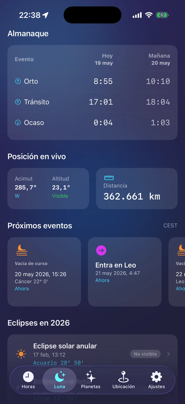 Salida, tránsito y puesta, posición en vivo y los eclipses del año.