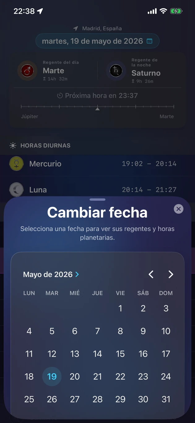 Elige una fecha y ve sus regentes y horas planetarias.