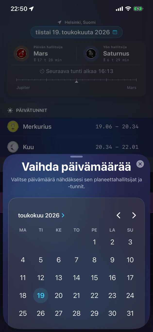Valitse päivä ja näe sen planeettahallitsijat ja -tunnit.