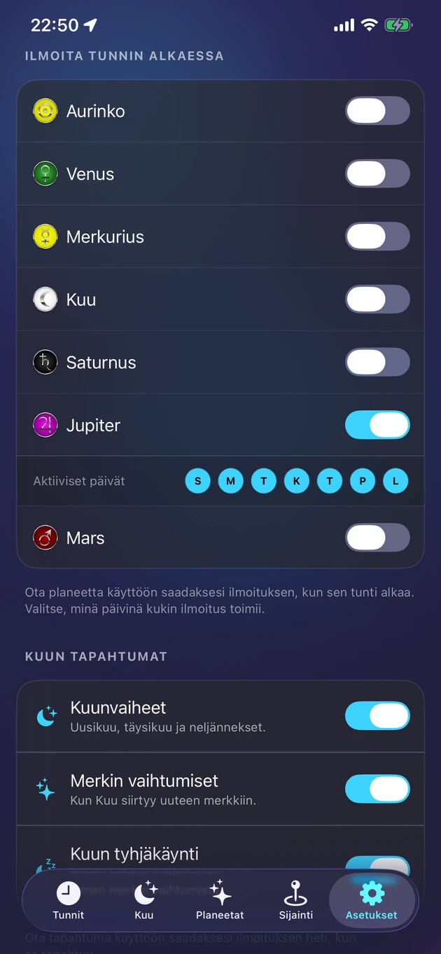 Hellä muistutus heti, kun valitsemasi planeetan tunti alkaa.