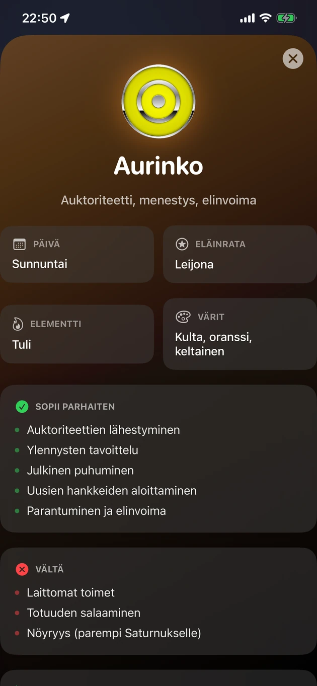 Mihin sopii ja mitä välttää -ohjeet jokaiselle planeettatunnille.