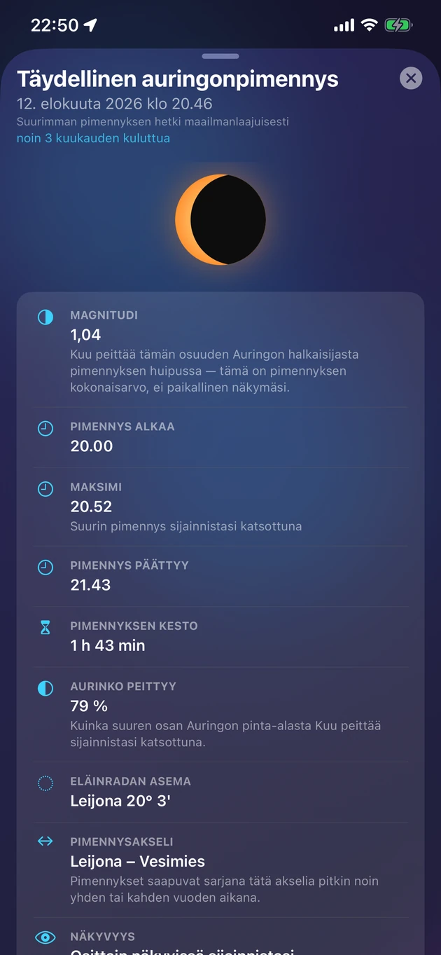 Magnitudi, ajoitus, näkyvyys ja merkitys jokaiselle pimennykselle.