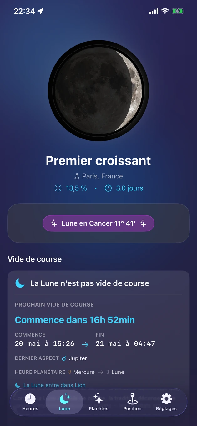Phase, signe, illumination et vide de course en un coup d'œil.