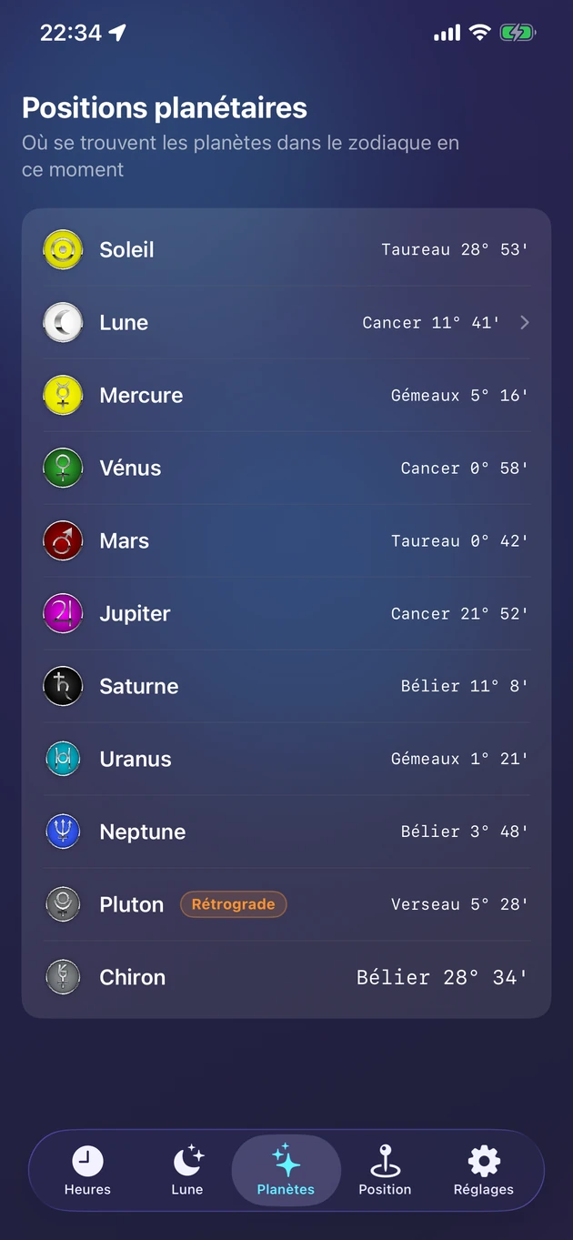 Positions zodiacales en direct du Soleil, de la Lune, des planètes et de Chiron.