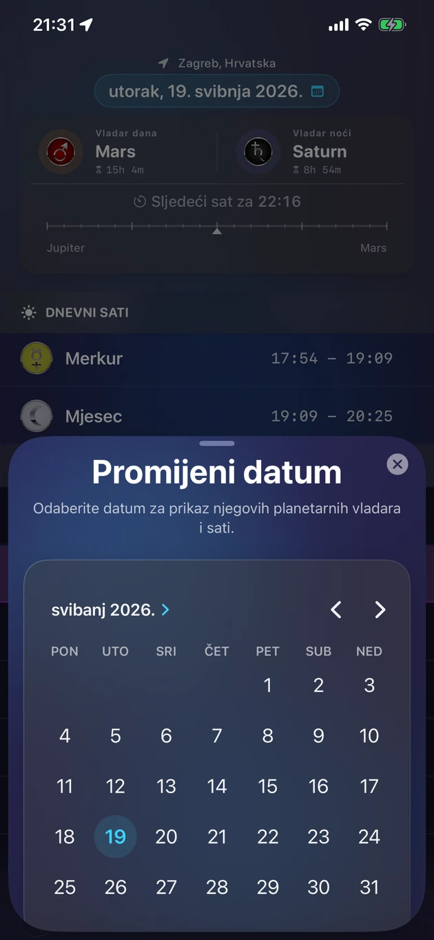 Odaberi datum i vidi njegove planetarne vladare i sate.