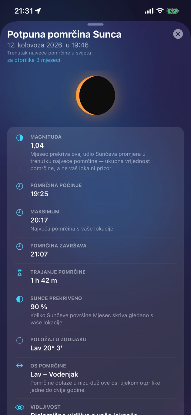 Veličina, vrijeme, vidljivost i značenje svake pomrčine.