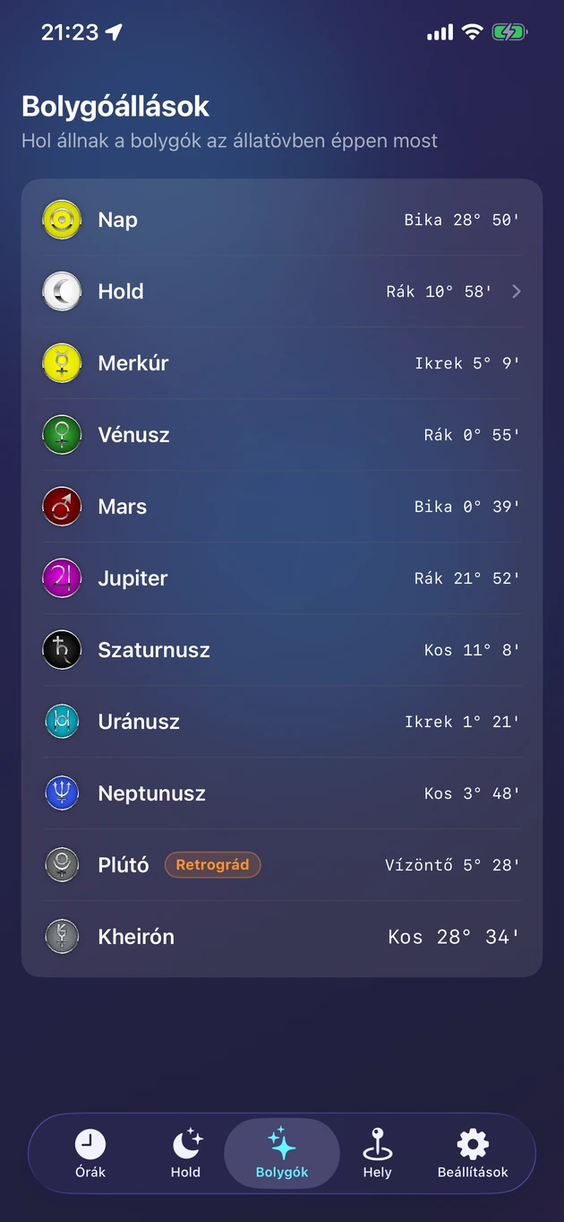 Élő zodiákus-pozíciók: Nap, Hold, bolygók és a Chiron.