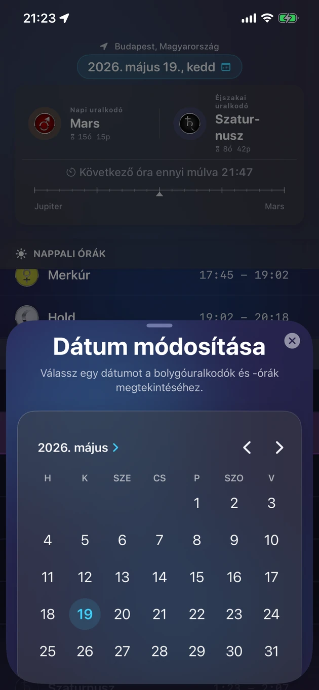 Válassz dátumot, és lásd a bolygóuralmait és óráit.