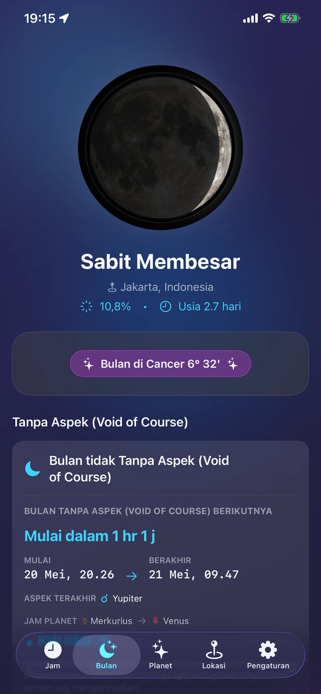 Fase, zodiak, iluminasi, dan void of course dalam sekejap.