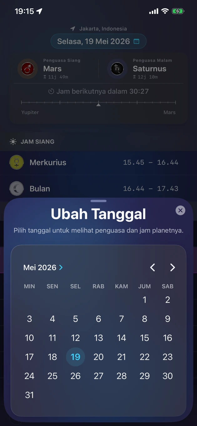 Pilih tanggal dan lihat penguasa serta jam planetnya.