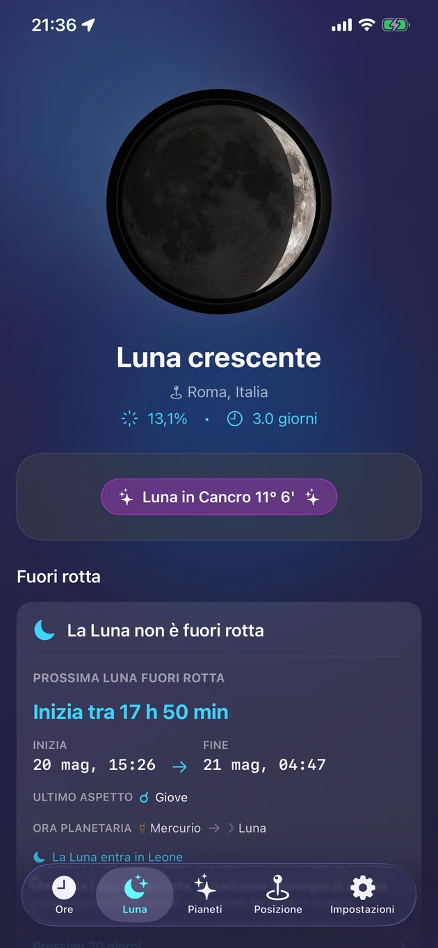 Fase, segno, illuminazione e Luna fuori rotta con un'occhiata.