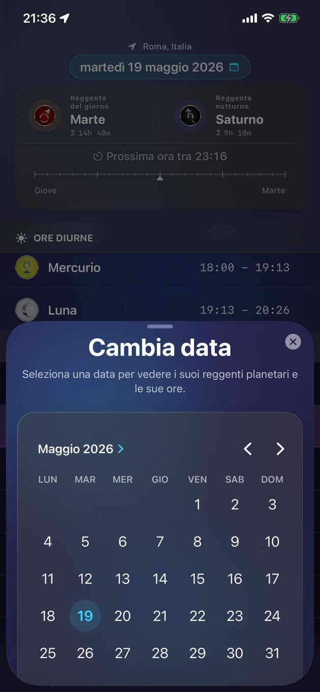 Scegli una data e scopri reggenti e ore planetarie.