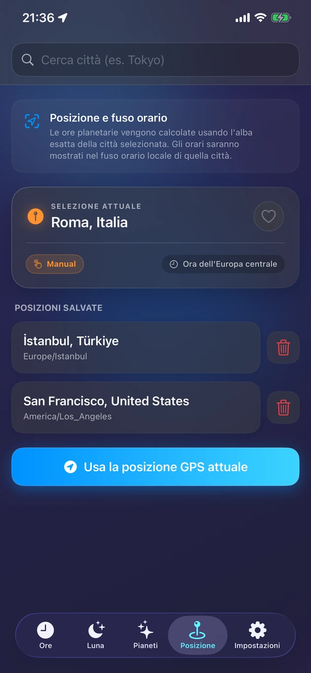Ore esatte dall'alba per il tuo luogo — o per qualsiasi città.