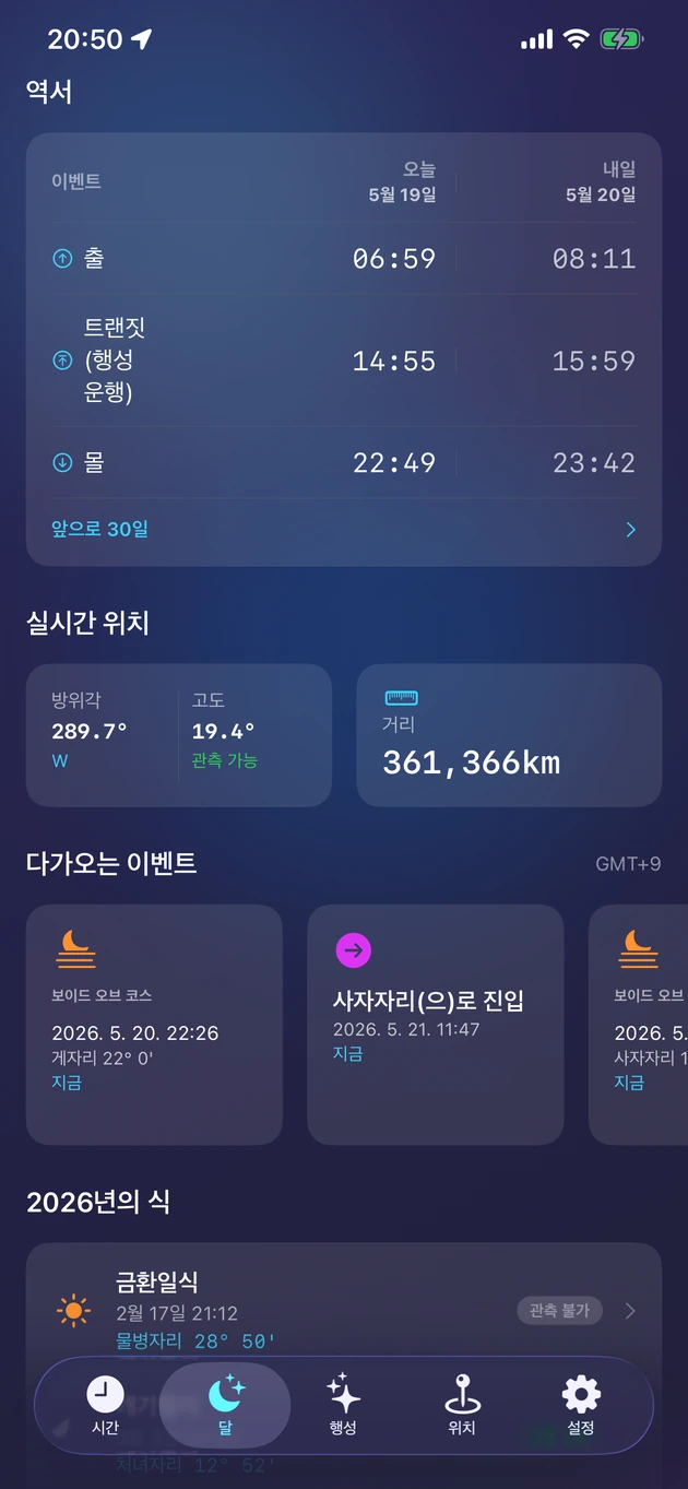 월출·남중·월몰, 실시간 위치, 올해의 일식과 월식까지.