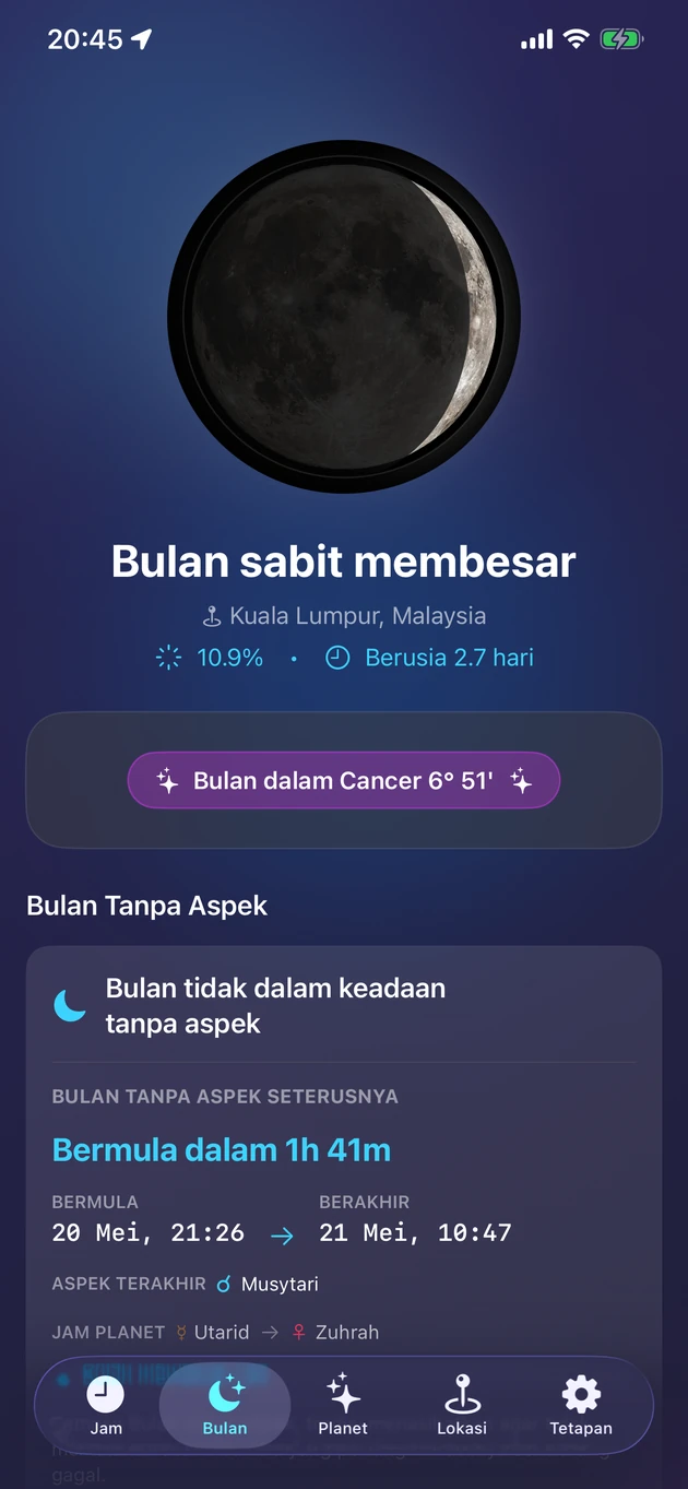 Fasa, buruj, pencahayaan, dan Bulan tanpa aspek — sekali pandang.
