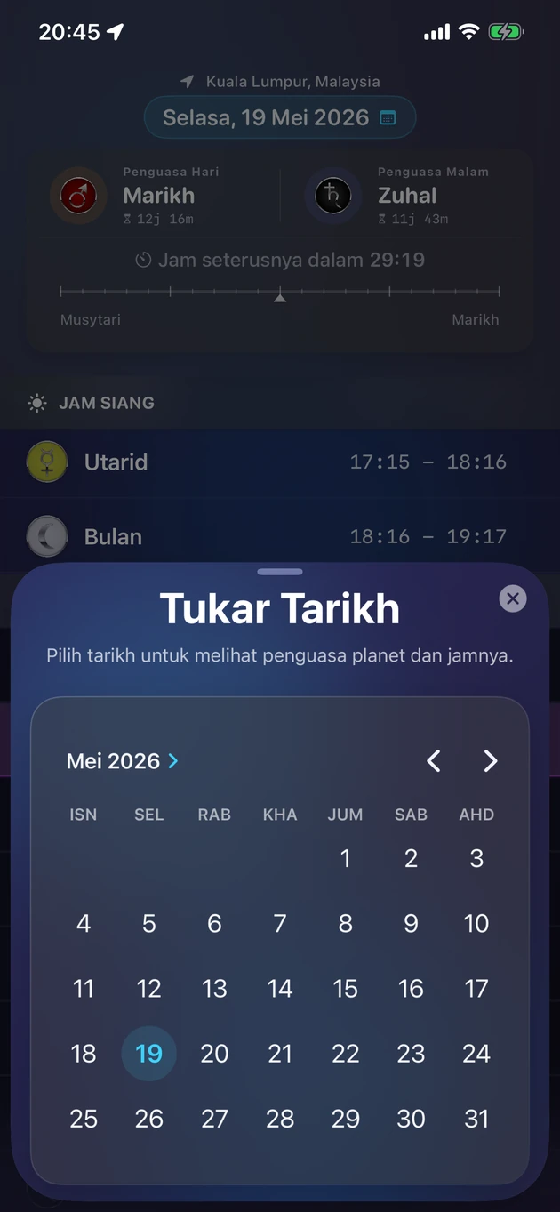 Pilih tarikh dan lihat penguasa serta jam planetnya.