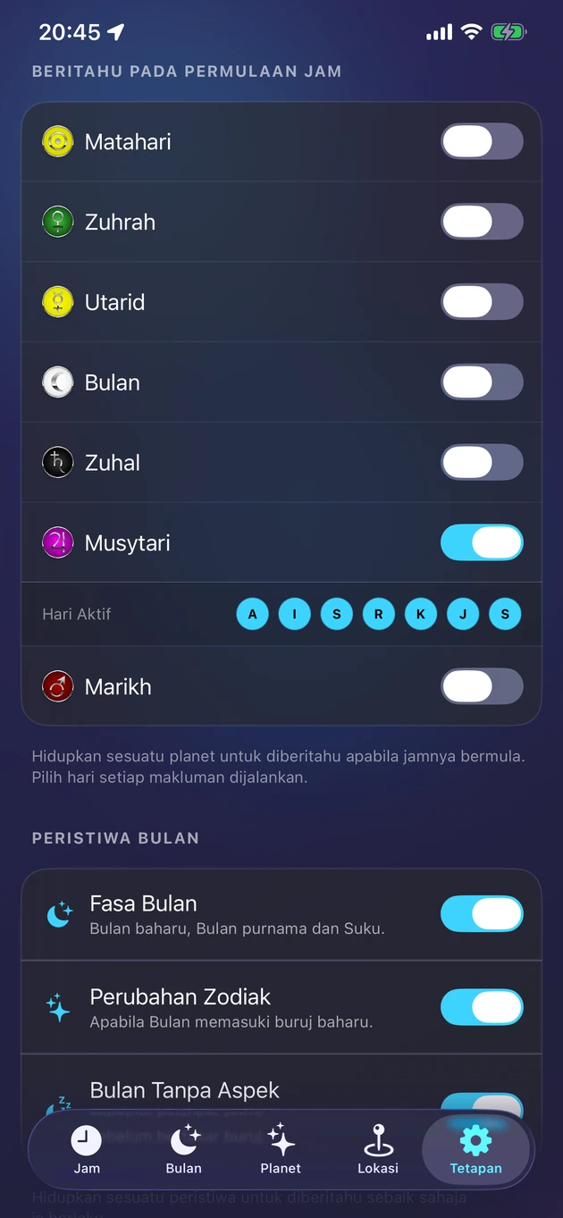 Amaran lembut sebaik sahaja jam planet pilihan anda bermula.
