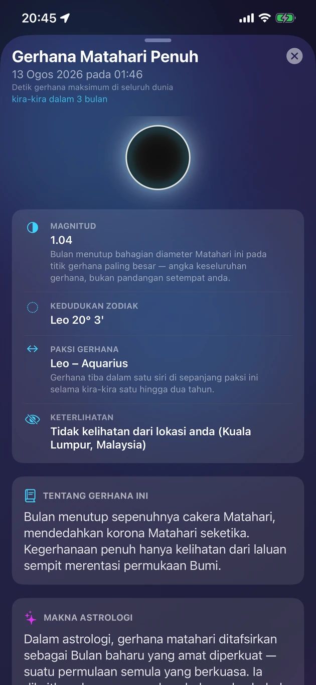 Magnitud, masa, keterlihatan, dan makna bagi setiap gerhana.