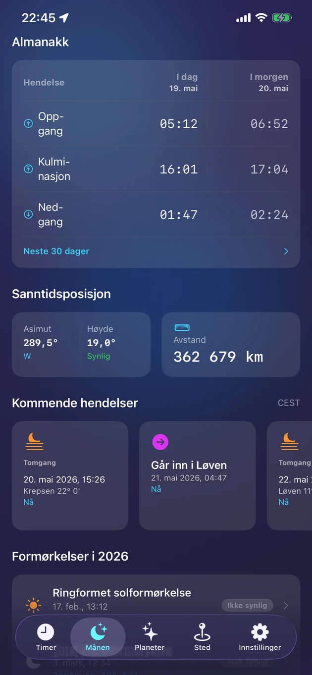 Oppgang, transitt og nedgang, sanntidsposisjon og årets formørkelser.