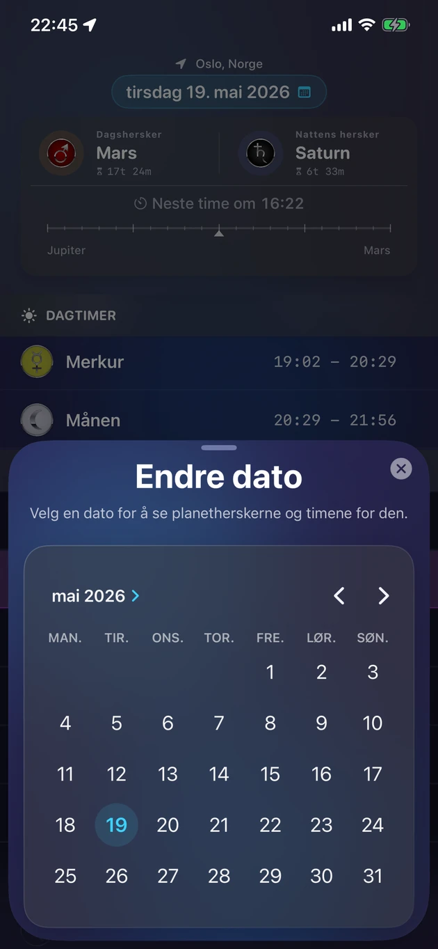 Velg en dato og se dens planetariske herskere og timer.