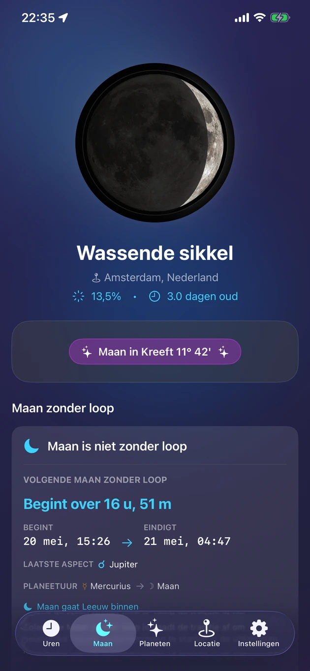 Fase, sterrenbeeld, verlichting en loze maan in één oogopslag.