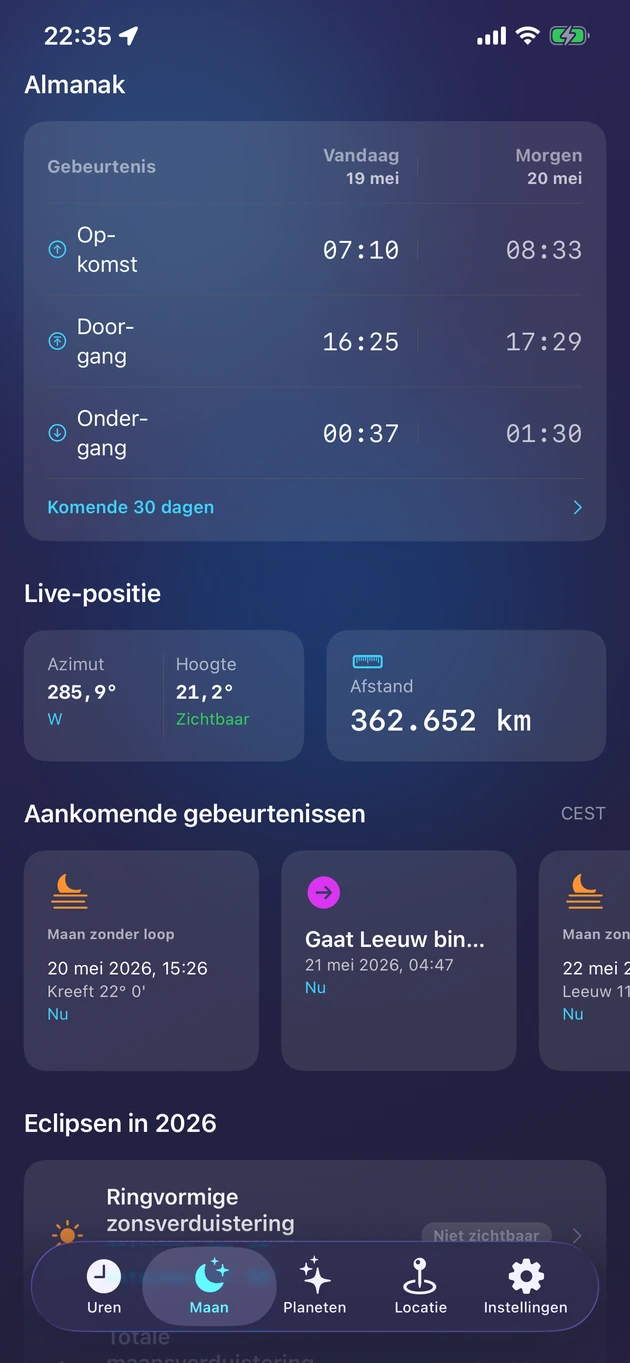 Opkomst, doorgang & ondergang, live positie en de eclipsen van het jaar.