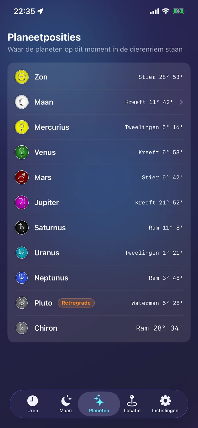 Live posities in de dierenriem voor de Zon, Maan, planeten en Chiron.