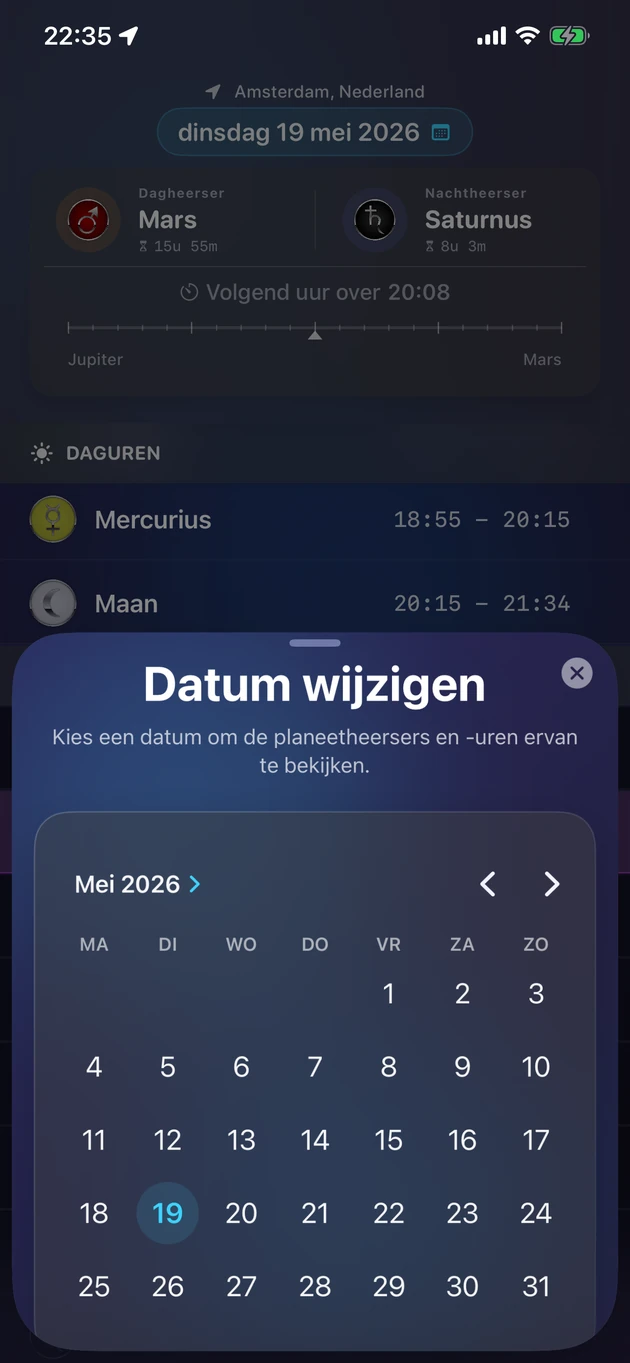 Kies een datum en zie de planeetheersers en planeeturen ervan.