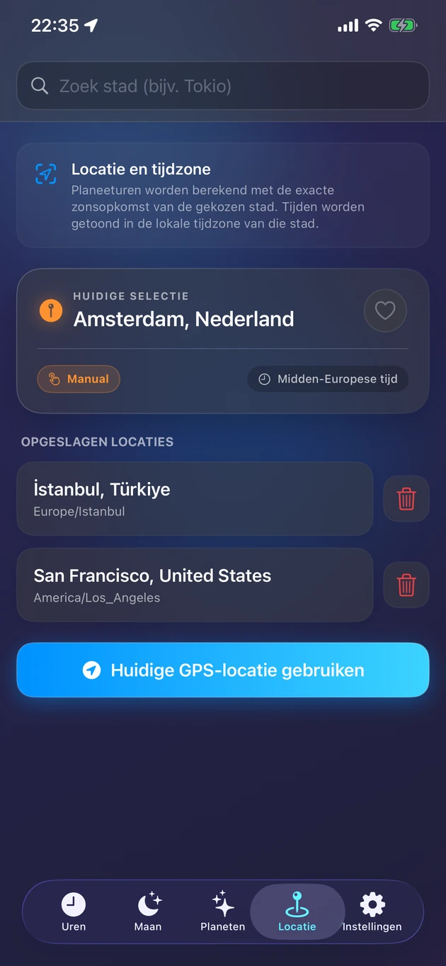 Uren exact op zonsopkomst voor jouw plek — of elke stad op aarde.