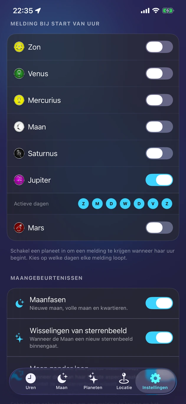 Een rustig seintje op het moment dat het uur van jouw planeet begint.