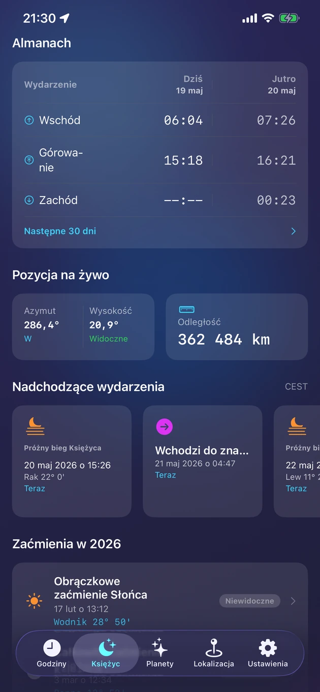 Wschód, kulminacja i zachód, pozycja na żywo oraz zaćmienia roku.