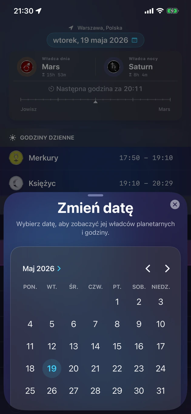 Wybierz datę i zobacz jej władców oraz godziny planetarne.