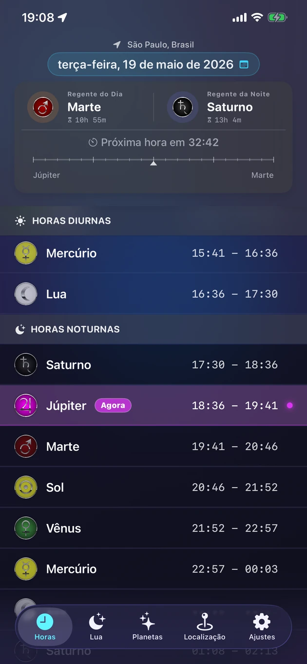 Cada hora planetária e seu planeta regente, para qualquer cidade.
