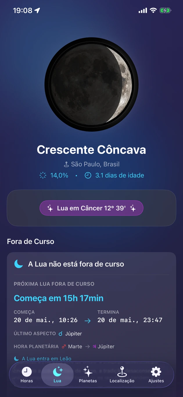 Fase, signo, iluminação e Lua fora de curso de relance.