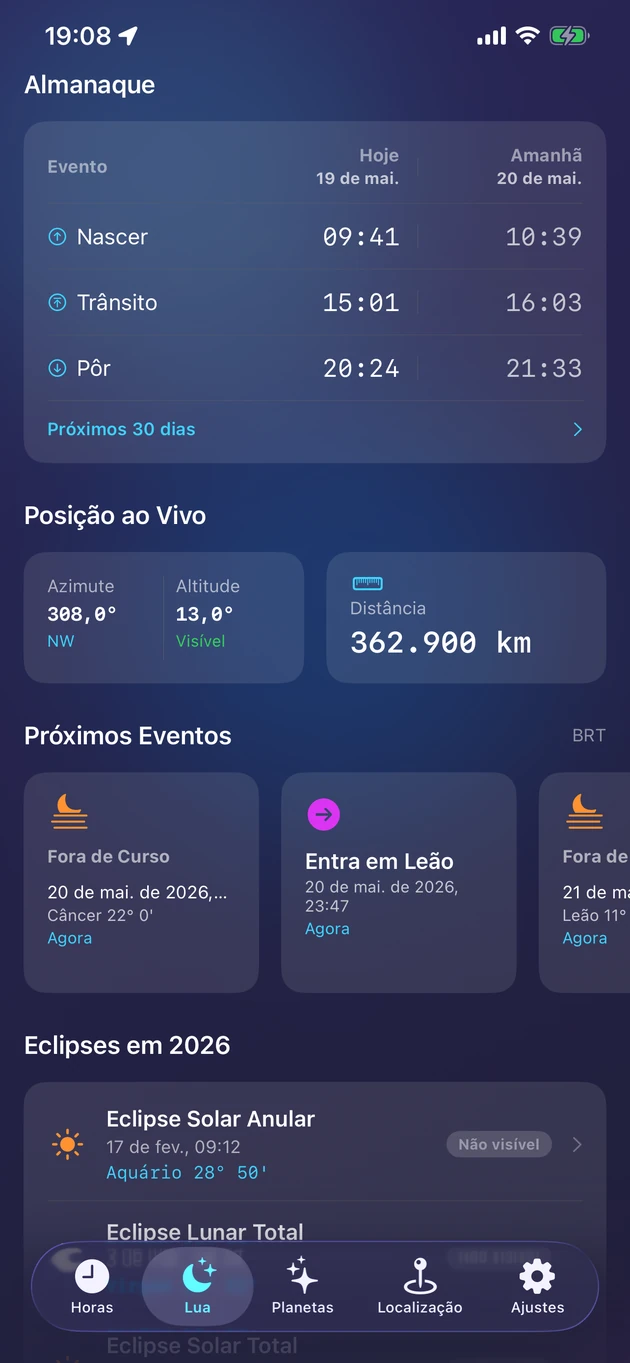 Nascer, trânsito e ocaso, posição ao vivo e os eclipses do ano.